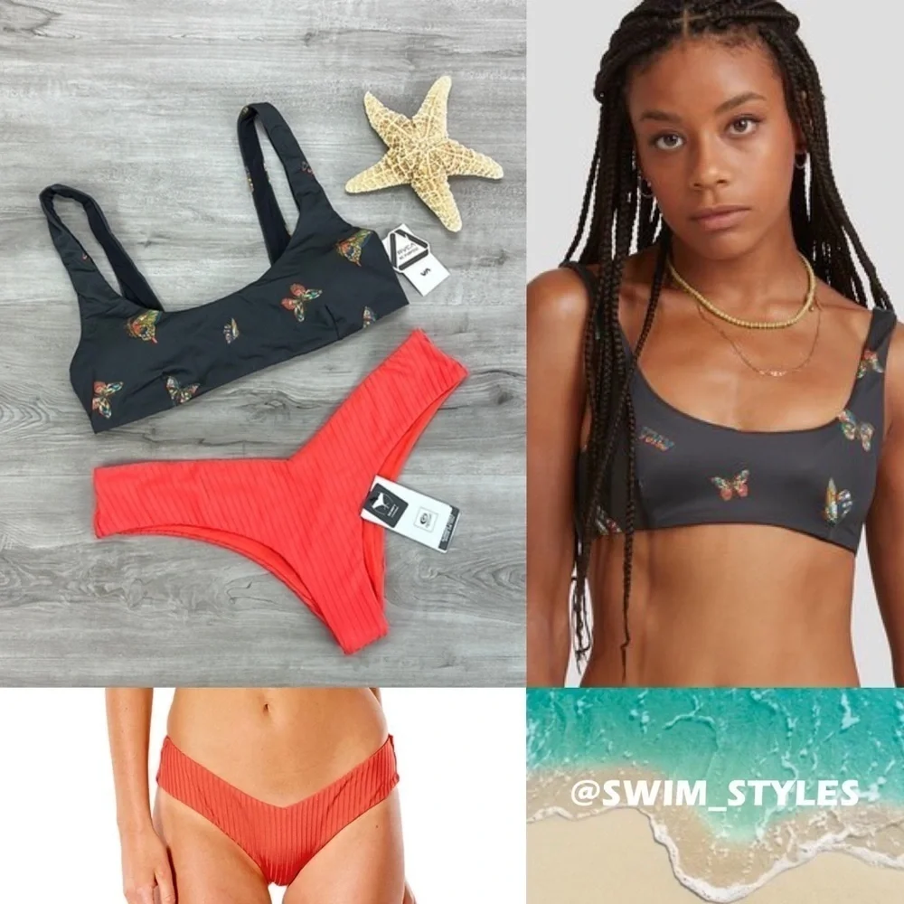 ☀️RVCA☀️RIP CIRL☀️ FLUTTER BRALETTE PREMIUM SKOMPY HIPSTER BIKINI SET - Picture 1 of 12